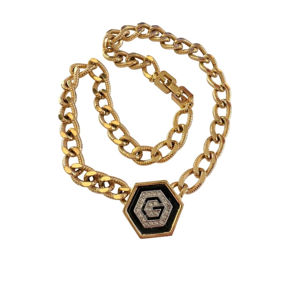 Givenchy Necklace with "G" in Hexagonal Pendant of Black Enamel and Rhinestones - Picture 5 of 15